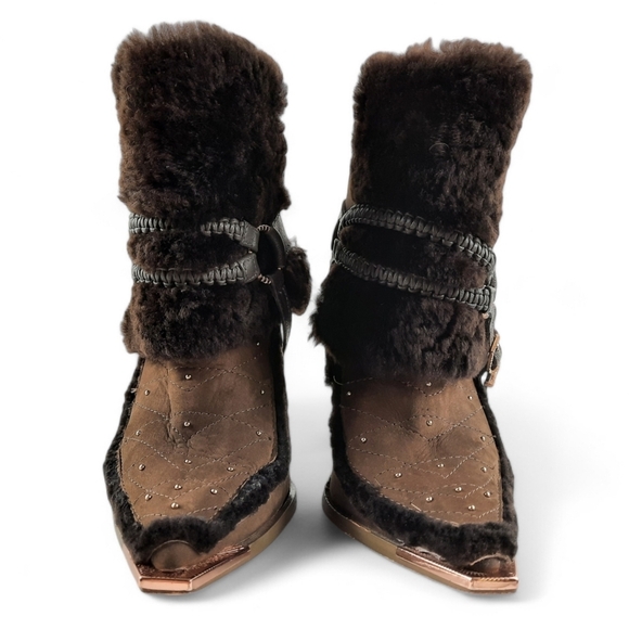IVY KIRZHNER Shearling Rose Gold Harness Stud Leather Olive Brown Heeled Boot 8 - Picture 3 of 14